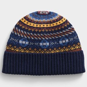 Blue and yellow 100% lambswool Fair Isle soft and warm tuque hat beanie NWT
